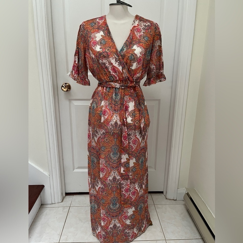 Paisley-Print Midi Wrap Dress in Coral
